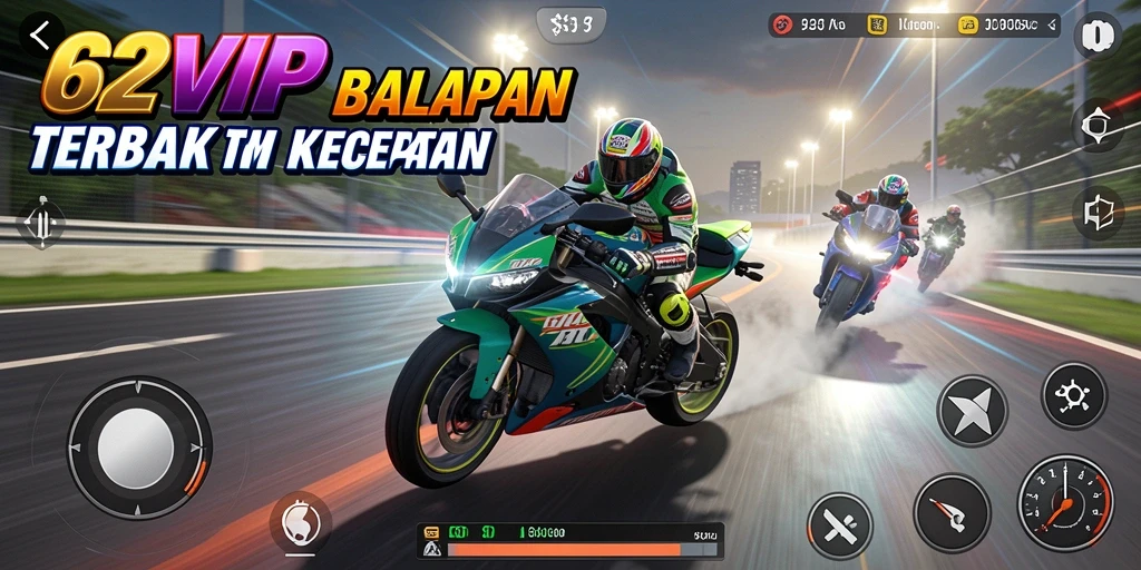 Tangkapan layar gameplay 62VIP menampilkan balapan motor yang mendebarkan.
