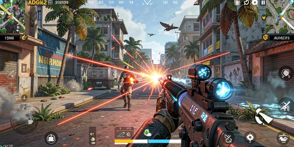 Screenshot gameplay ADG62 menampilkan aksi tembak-menembak yang intens.