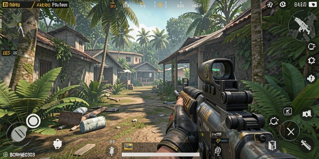 Tampilan pertarungan seru dalam <strong>BORNEO303</strong>, menampilkan aksi FPS yang mendebarkan.