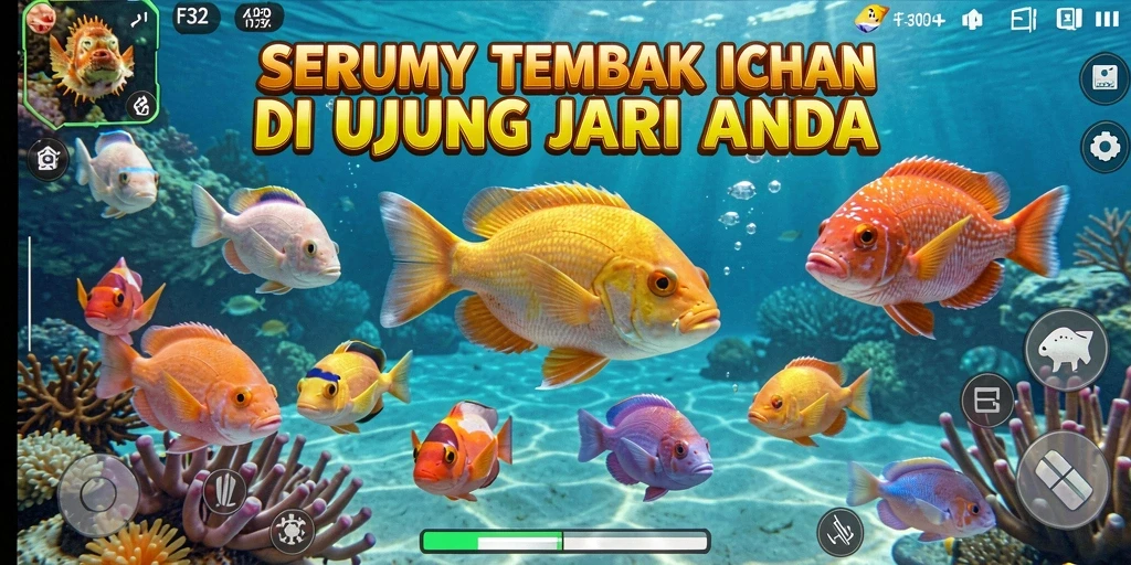 Tampilan gameplay F32 dengan ikan berwarna-warni dan senjata menembak.