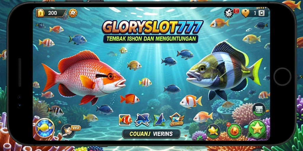 Screenshot GLORYSLOT777 menunjukkan gameplay seru menembak ikan.