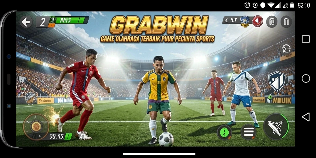 Tangkapan layar utama GRABWIN menampilkan aksi seru dalam permainan olahraga.