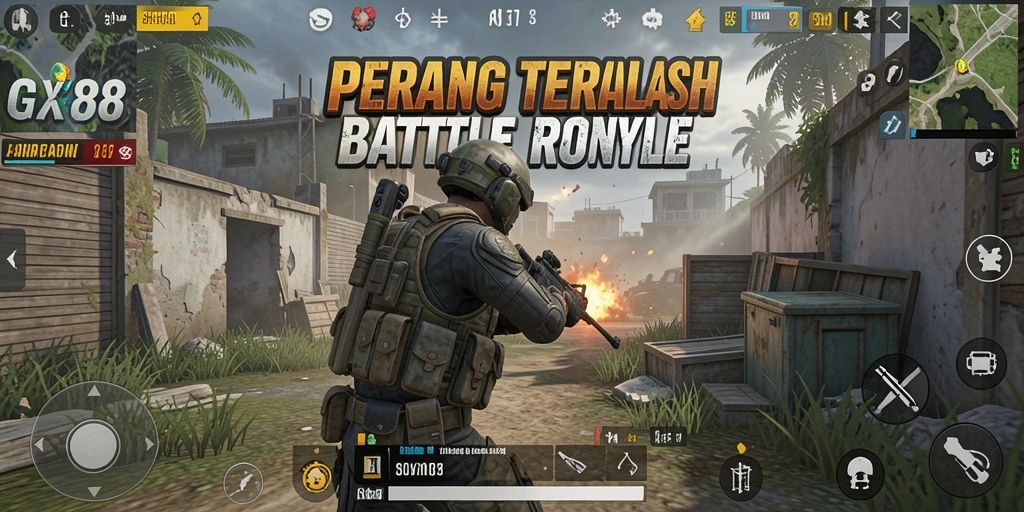 Tampilan gameplay GX88 yang intens dan penuh aksi Battle Royale.