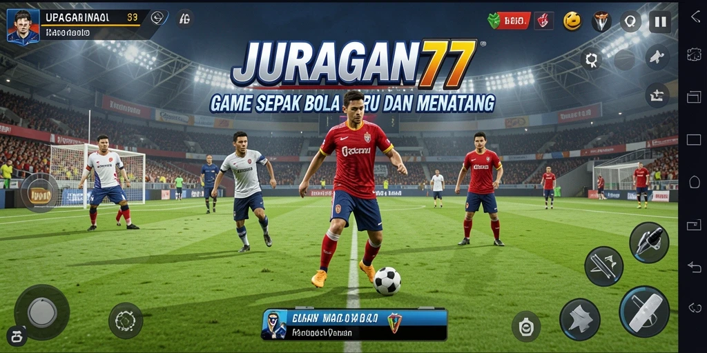 Tampilan gameplay seru di JURAGAN77 dengan aksi sepak bola.