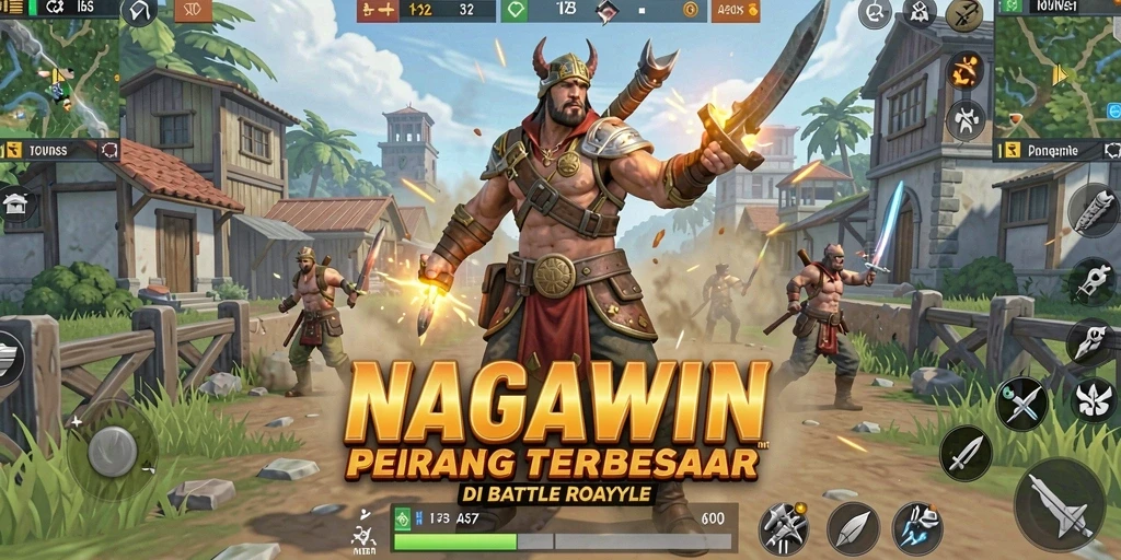 Screenshot gameplay <strong>NAGAWIN</strong> menunjukkan aksi seru di medan perang Battle Royale.
