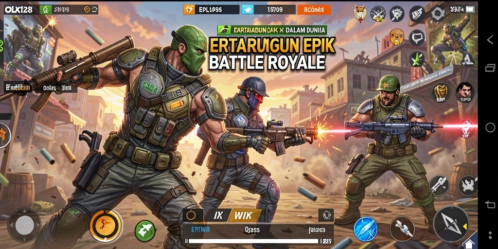 Tangkapan layar utama OLX128 menampilkan aksi seru dalam pertempuran Battle Royale.