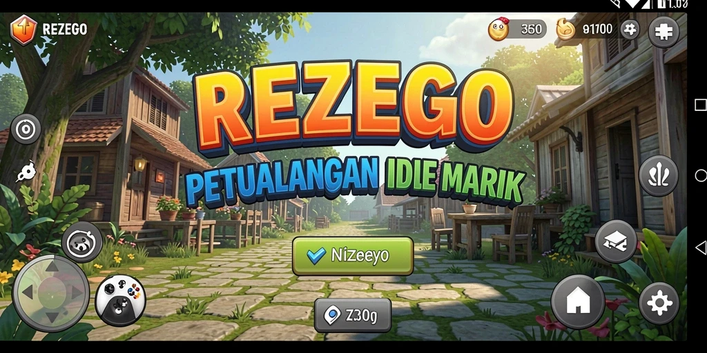 Tampilan gameplay <strong>REZEGO</strong> menampilkan dunia yang penuh warna dan karakter yang beraksi otomatis.