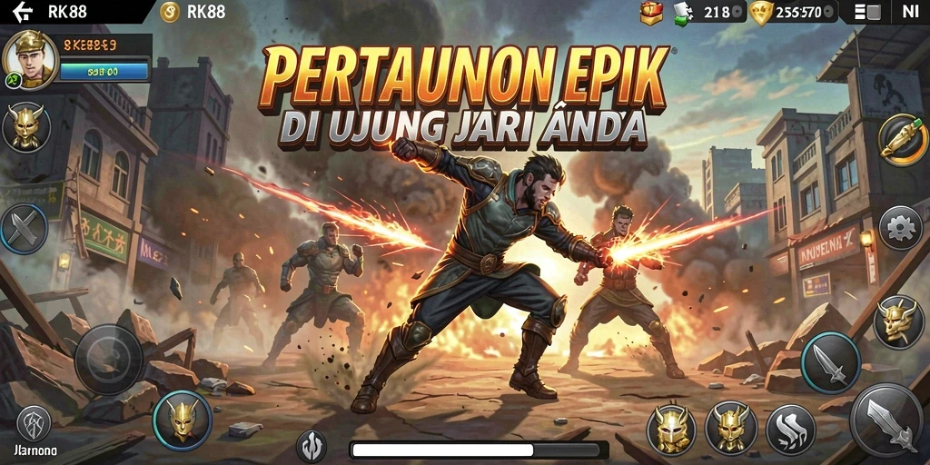 Tampilan gameplay RK88 menunjukkan pertarungan yang intens dan karakter yang beragam.