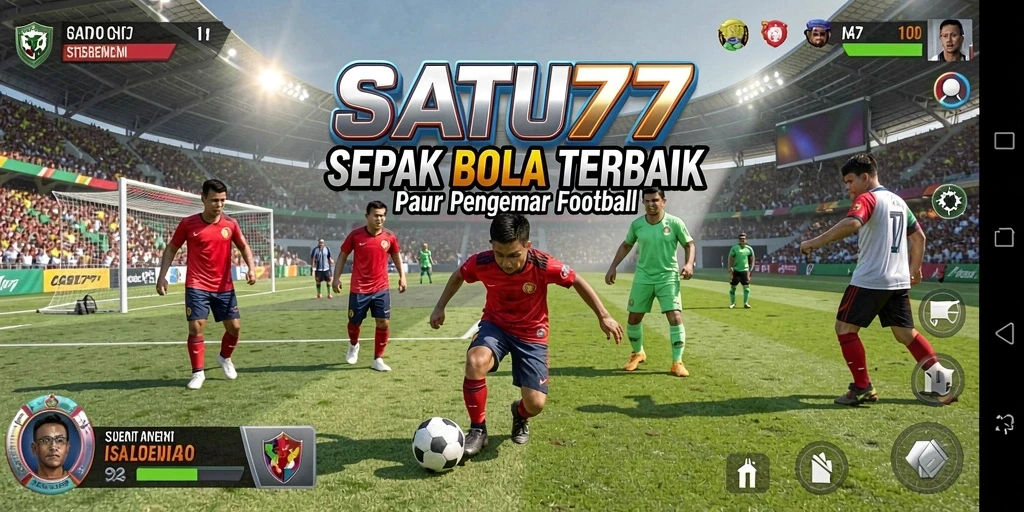 Screenshot SATU77 menampilkan aksi seru di lapangan sepak bola.