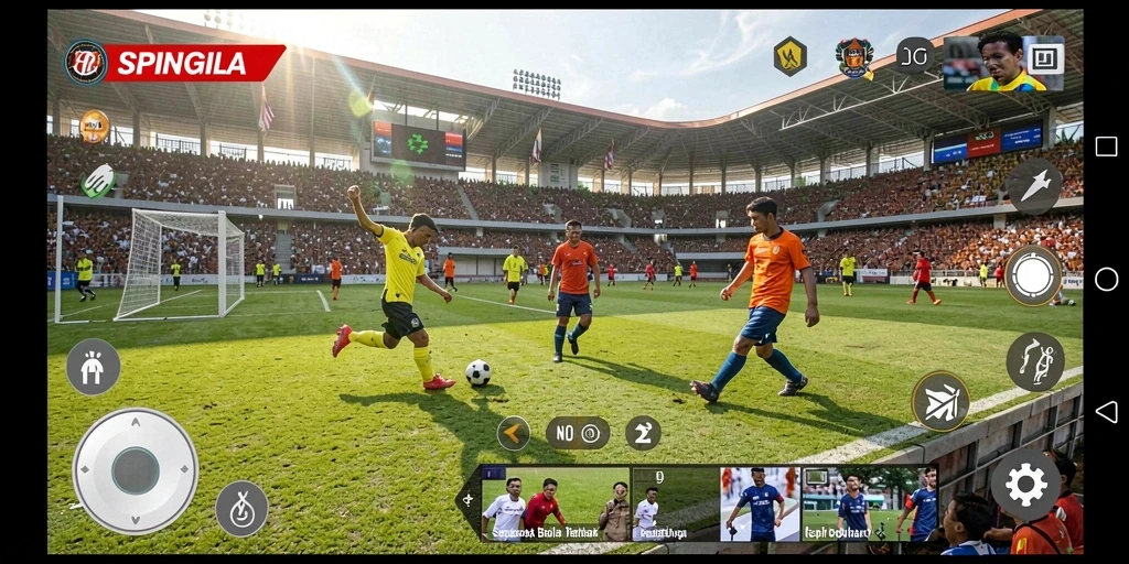 Tampilan gameplay SPINGILA dengan aksi sepak bola yang mendebarkan.