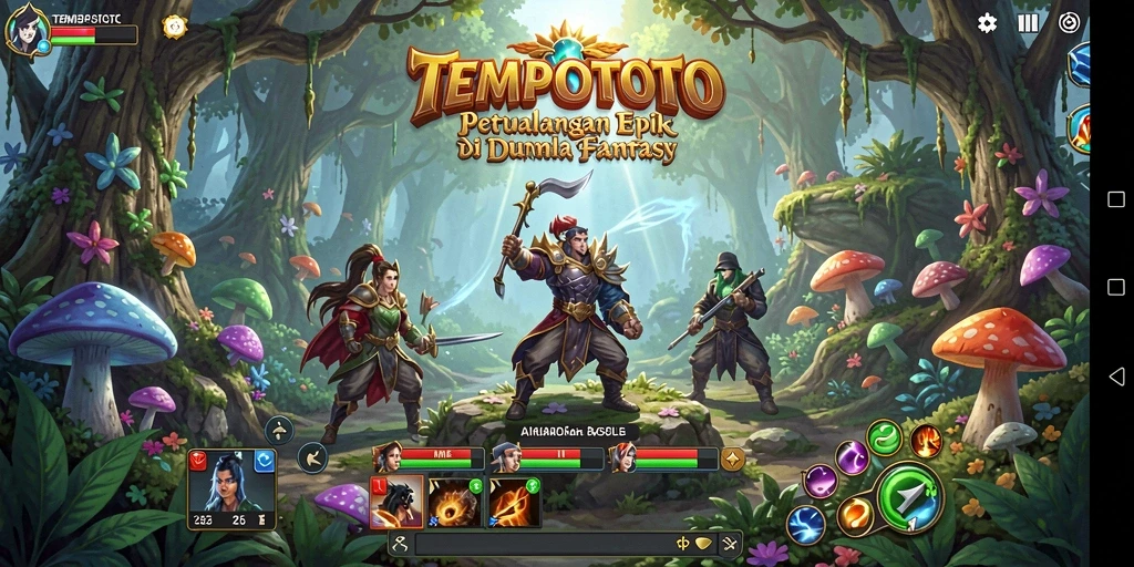 Screenshot gameplay TEMPOTOTO yang menunjukkan petualangan epik dan pertarungan.