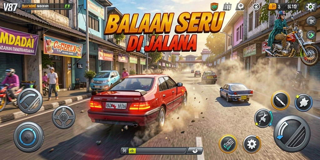 Gameplay Racing yang mendebarkan dengan mobil cepat dan trek menantang.
